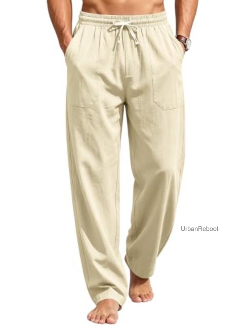 Mens Cotton Linen Pants Elastic Waist Drawstring Casual Yoga Beach Trouser